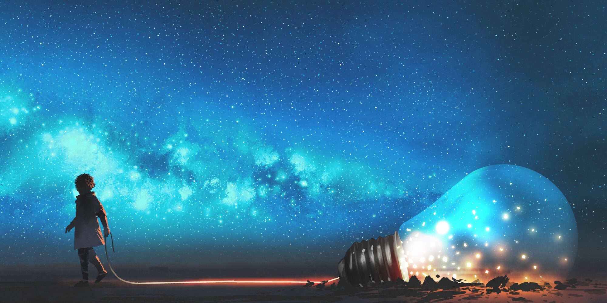 boy pulled the big bulb half buried in the ground against night sky with stars and space dust, digital art style, illustration painting