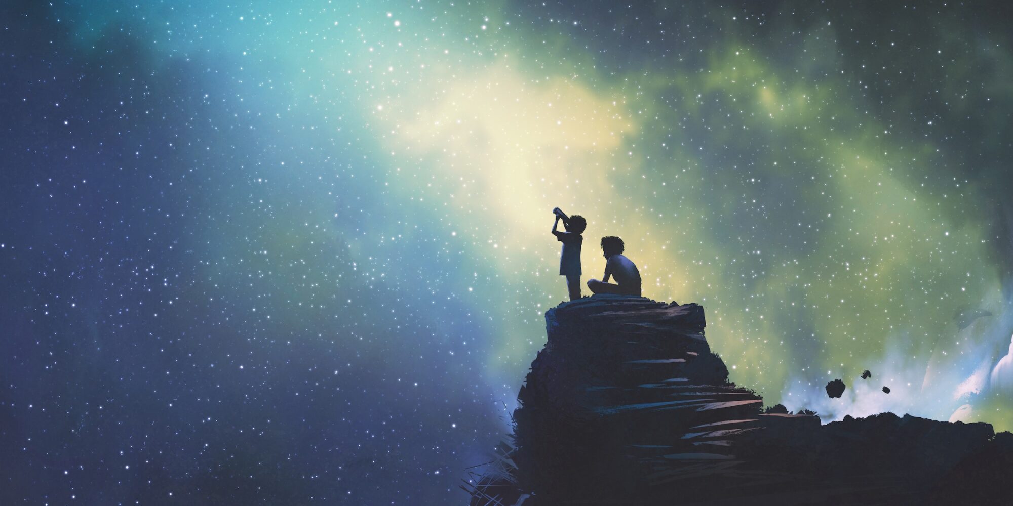 night scene of two brothers outdoors, llittle boy looking through a telescope at stars in the sky, digital art style, illustration painting