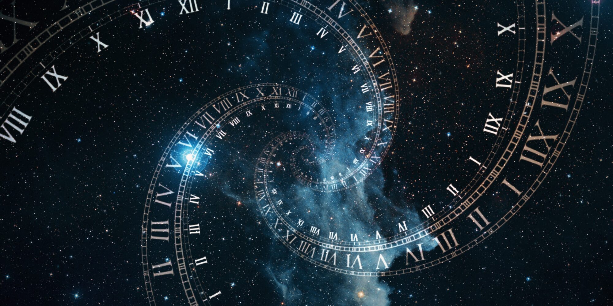 The composition of the space of time, the flight in space in a spiral of Roman clocks 3d illustration