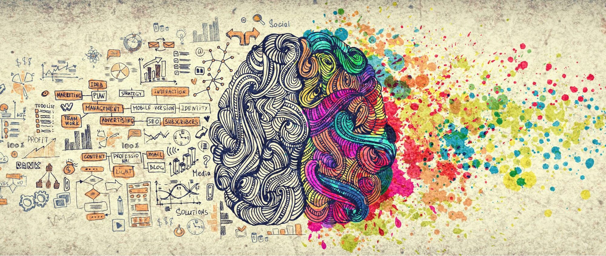 Left,Right,Human,Brain,Concept,,Textured,Illustration.,Creative,Left,And Left right human brain concept, textured illustration. Creative left and right part of human brain, emotial and logic parts concept with social and business doodle illustration of left side, and art