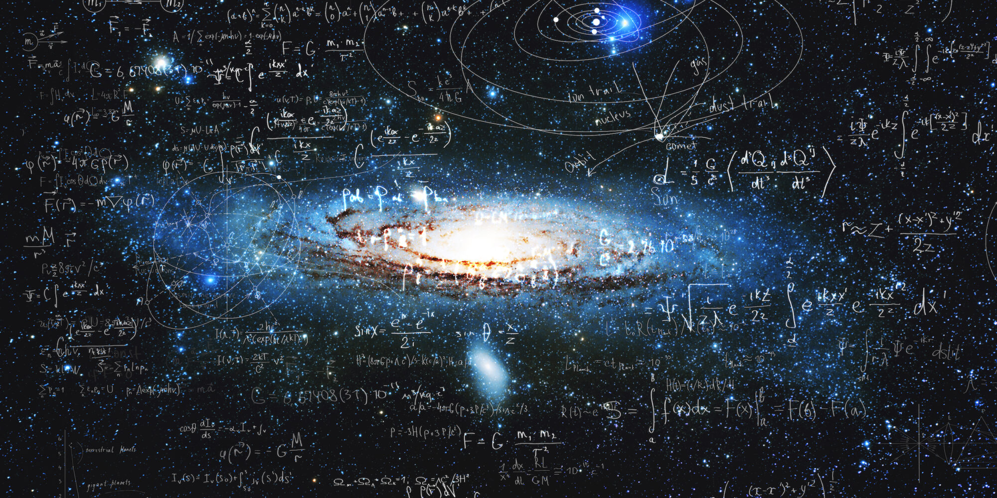 Science and research of the universe, spiral galaxy and physical formulas, concept of knowledge and education. Elements of this image furnished by NASA.
