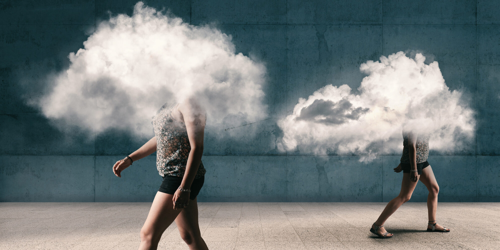 People,Walking,Outdoor,With,The,Head,Inside,A,Cloud,. People walking outdoor with the head inside a cloud . Mental illness concept.
