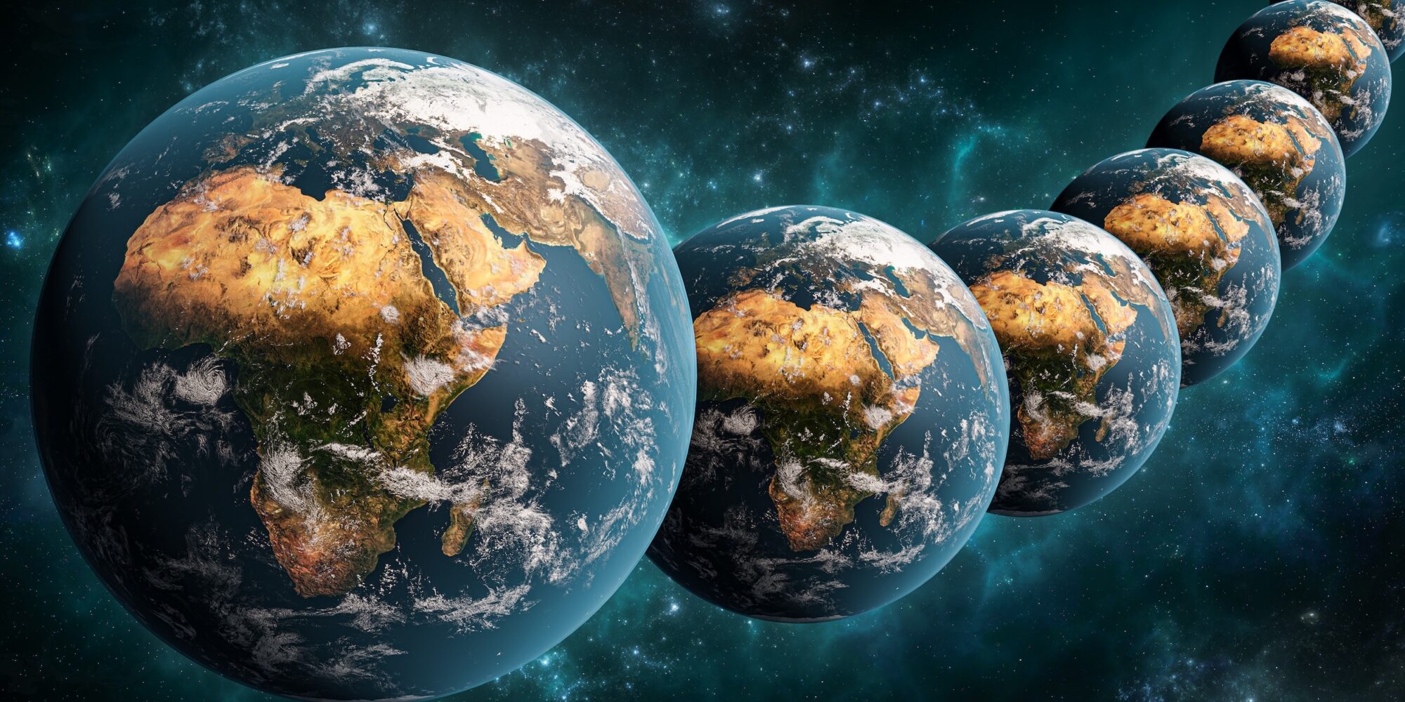 Alignment,Or,Array,Of,Many,Earth,Planet,In,Outer,Space Alignment or array of many Earth planet in outer space scenery 3D rendering illustration. Multiverse or parallel universes concept. Earth textures provided by NASA.