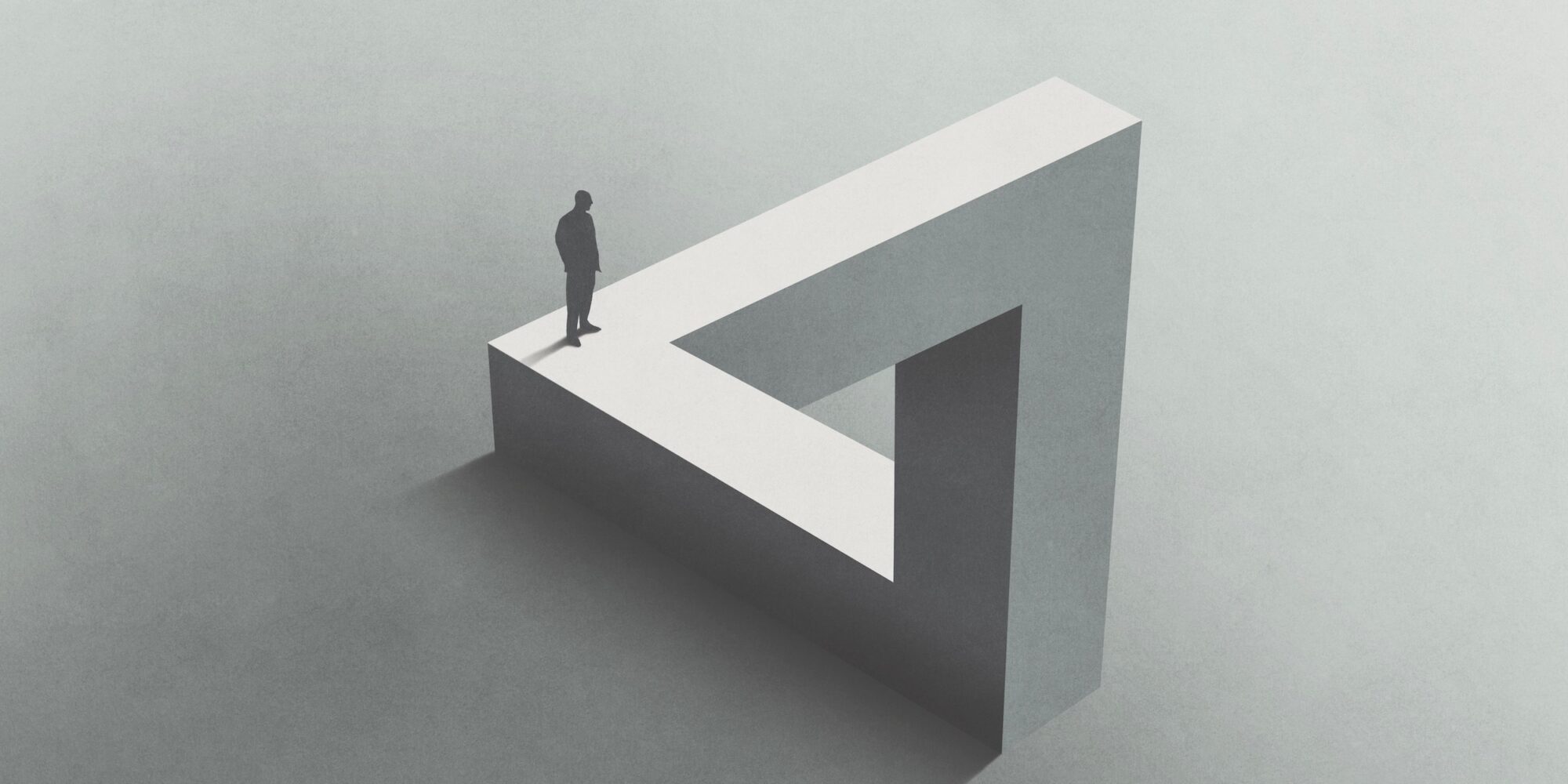 Illustration,Of,Man,Walking,On,Penrose,Triangle,,Surreal,Concept Illustration of man walking on Penrose triangle, surreal concept
