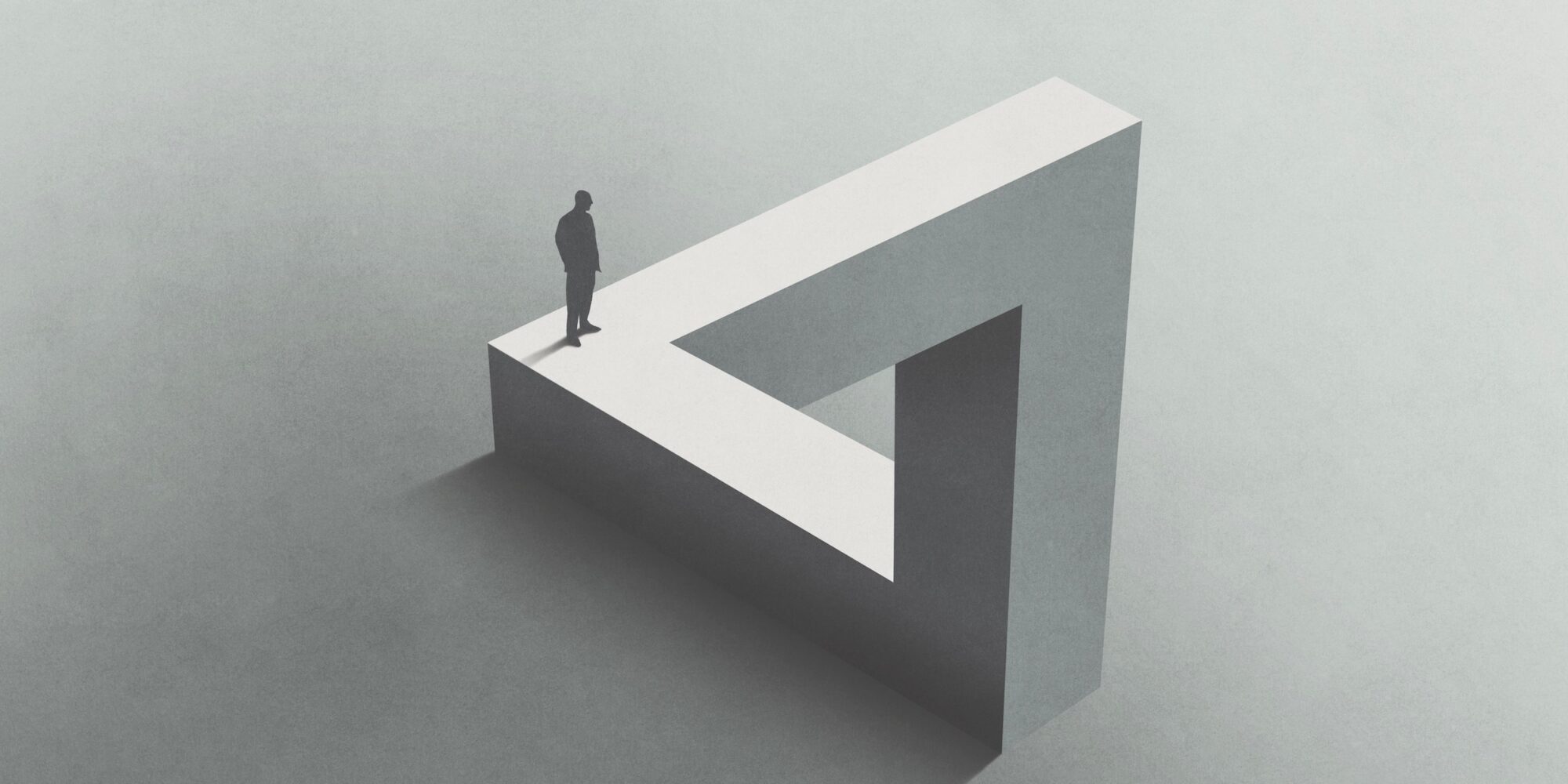 Illustration of man walking on Penrose triangle, surreal concept