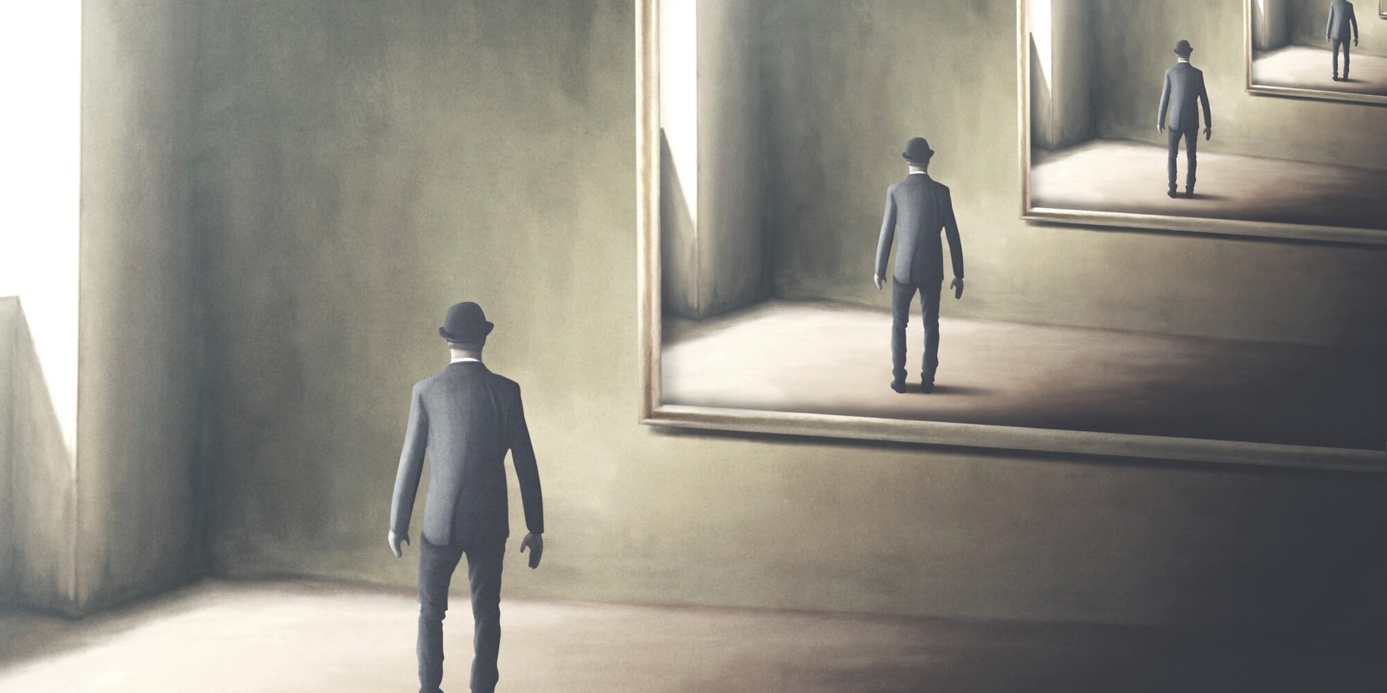 Illustration,Of,Man,Reflecting,Himself,In,The,Mirror,,Loop,Surreal illustration of man reflecting himself in the mirror, loop surreal concept