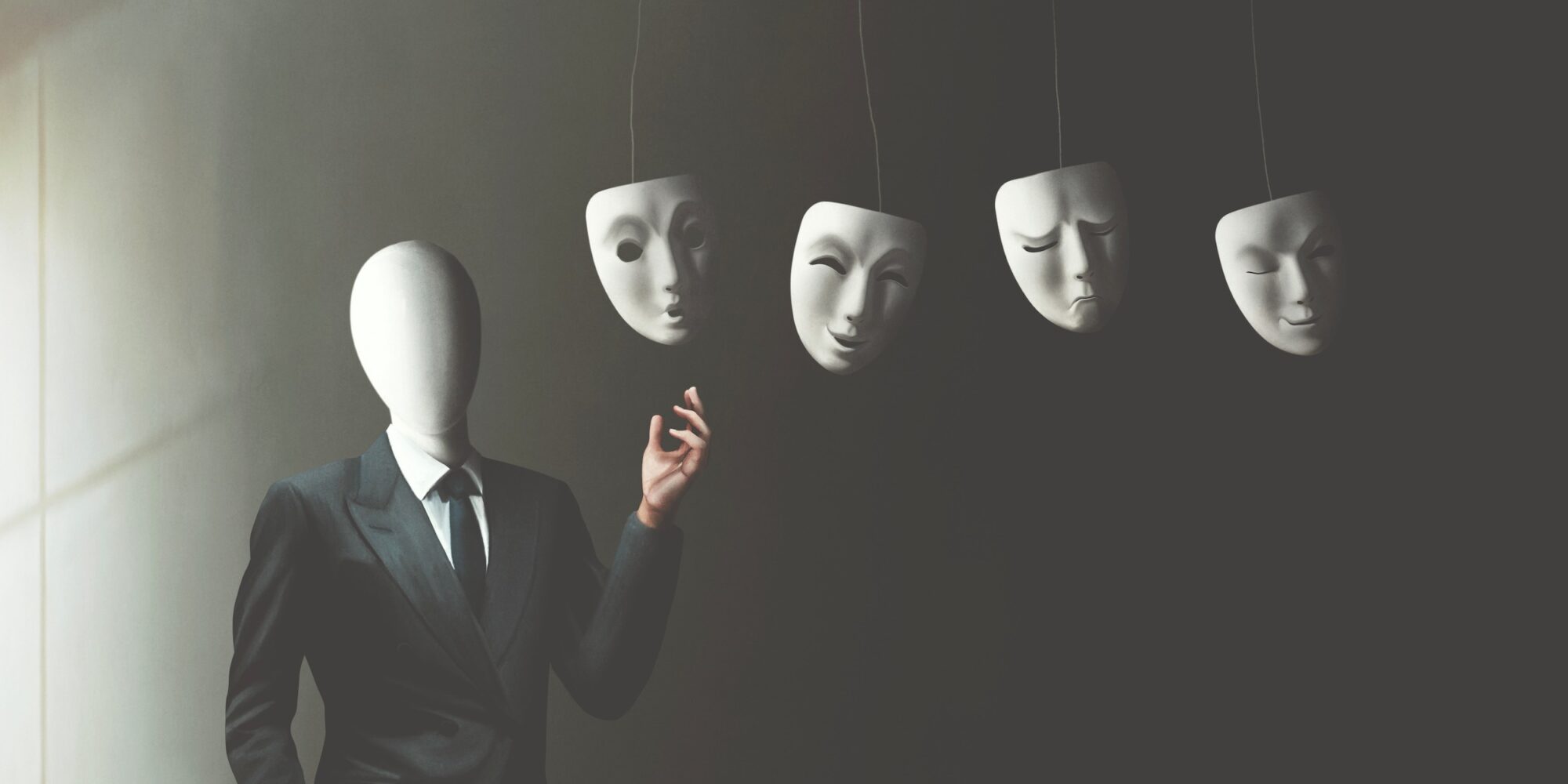 Illustration,Of,Businessman,Without,Face,Choosing,The,Right,Mask,To illustration of businessman without face choosing the right mask to wear, surreal identity concept