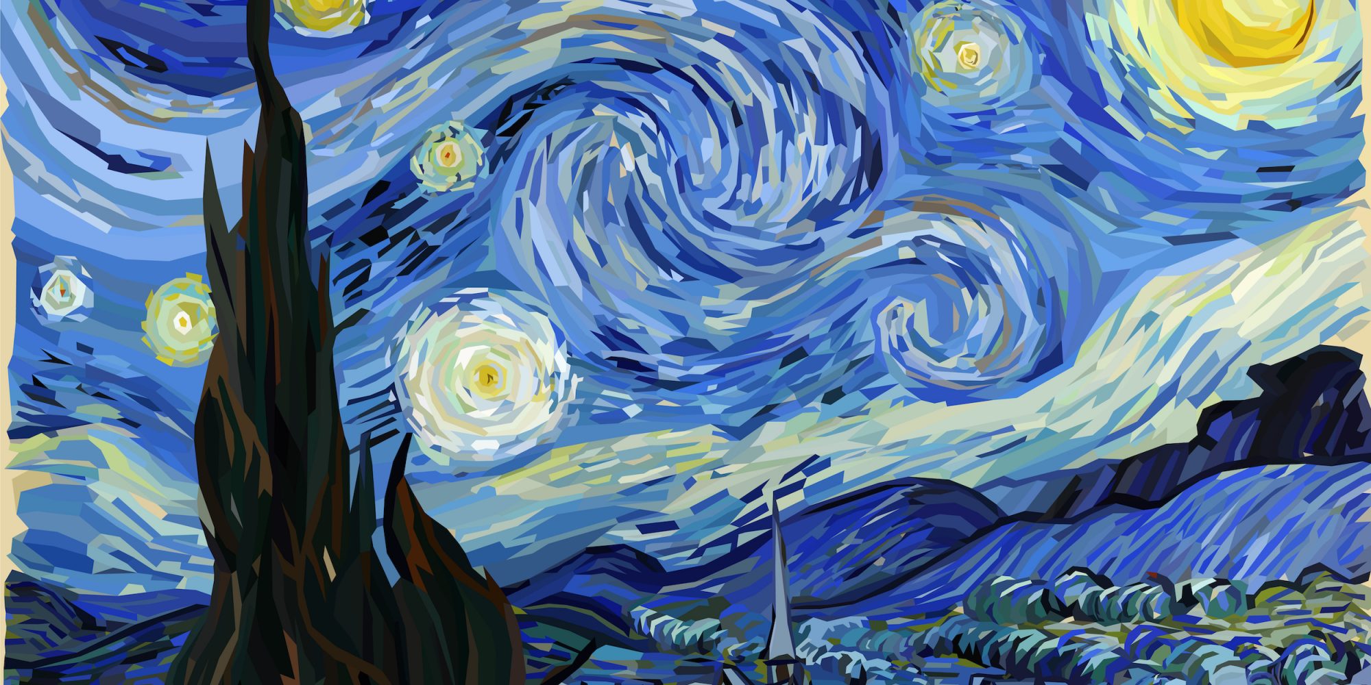 The Starry Night - Vincent van Gogh painting in Low Poly style. Conceptual Polygonal Illustration