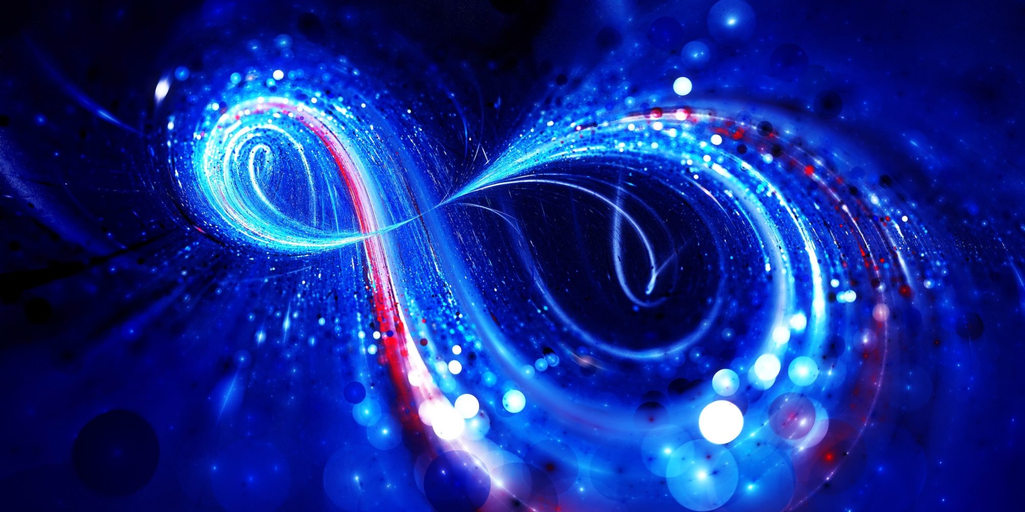 Blue glowing infinity loop in space with bokeh, computer generated abstract background, 3D rendering