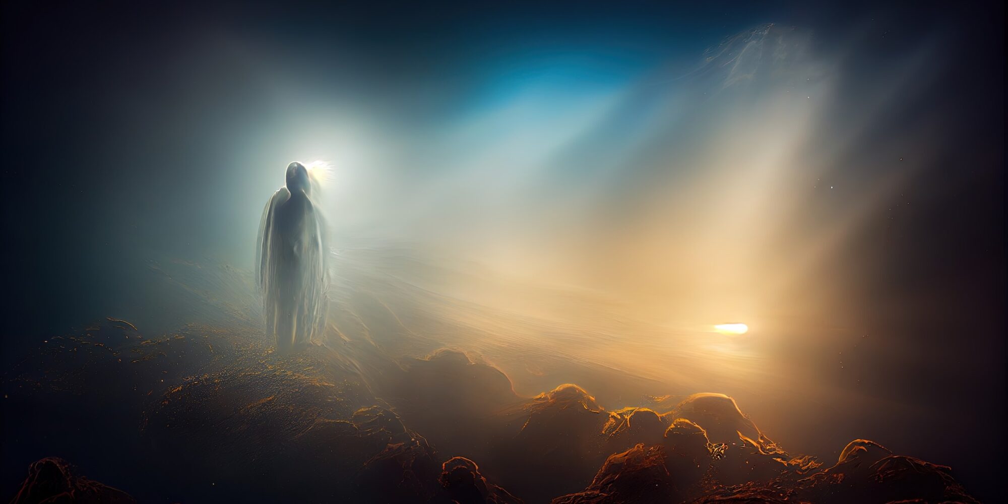 Life after the death. Man walks over clouds and tiny light.