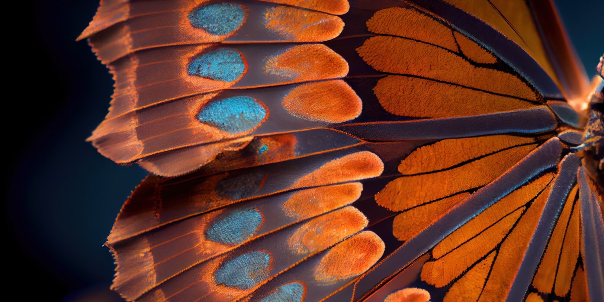 A,Close,Up,Of,A,Butterfly,Wing,With,Blue,And a close up of a butterfly wing with blue and orange colors on it's wings and a black background. .