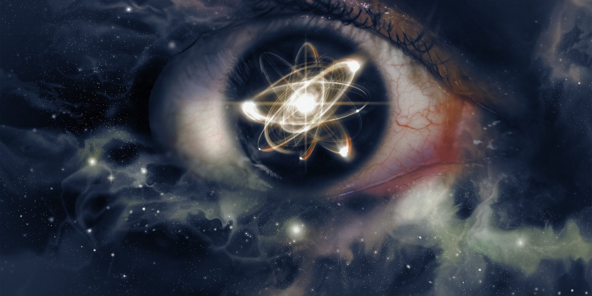 Atomic particle reflection in the pupil of an eye for physics background