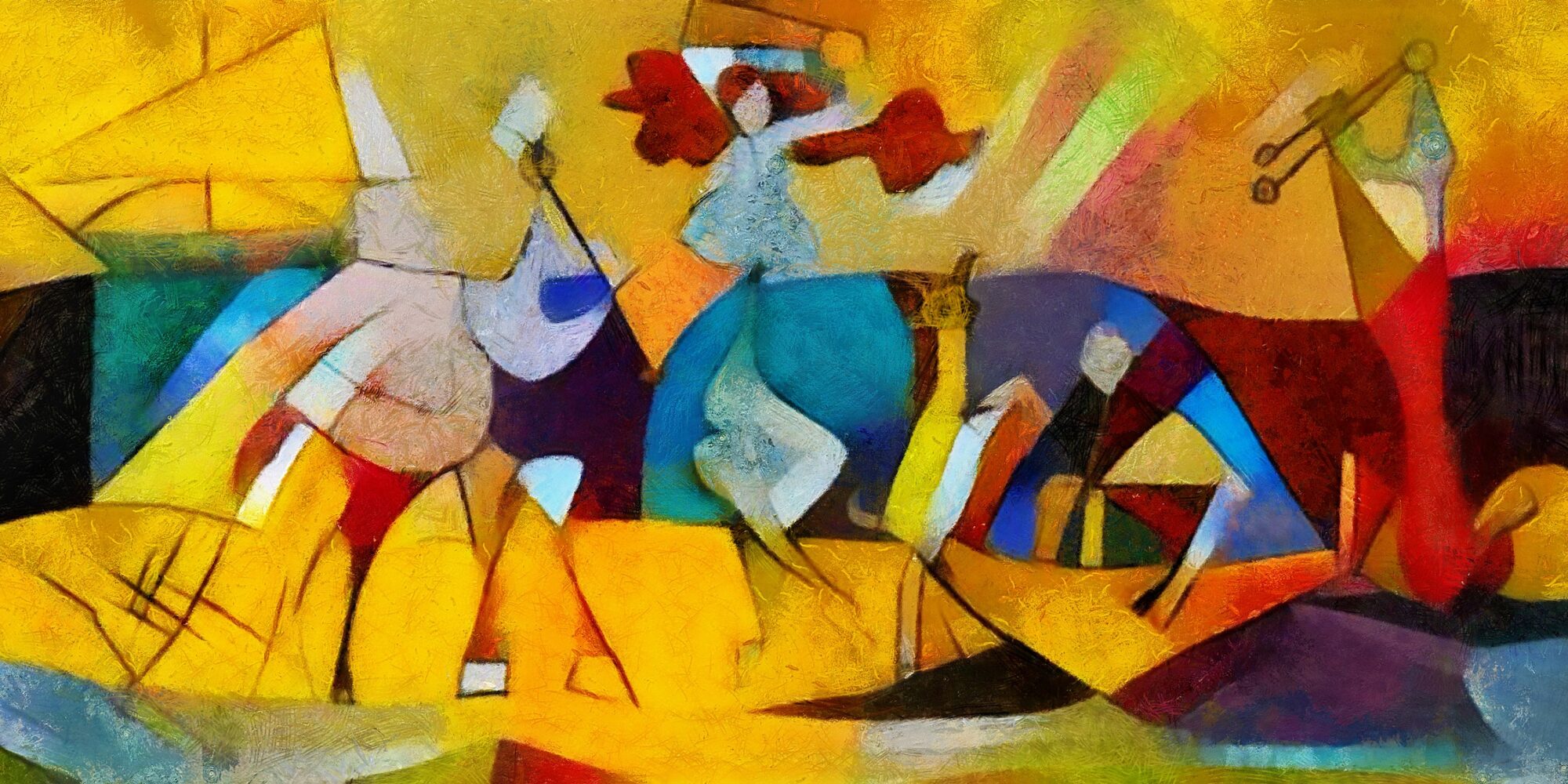 Alternative reproductions of famous paintings by Picasso. Applied abstract style of Kandinsky. Designed in a modern style oil on canvas with elements of fine art pastel painting.