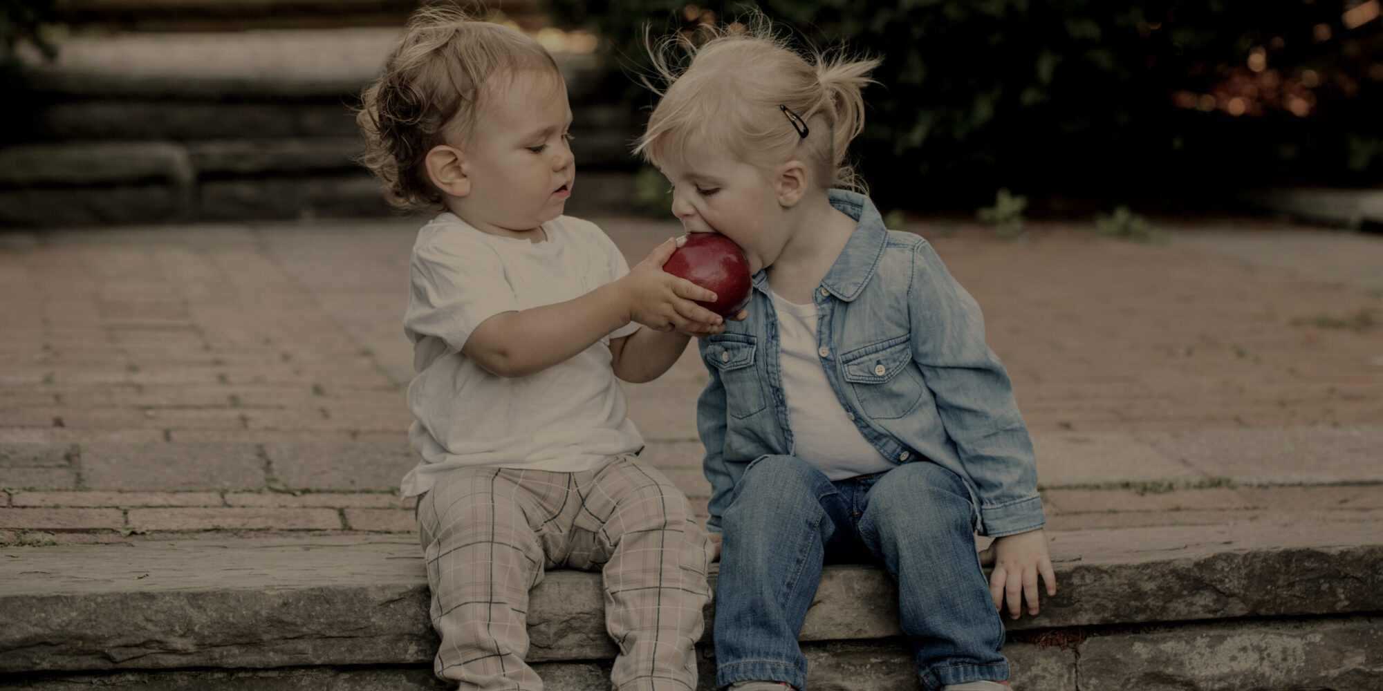 Group portrait of two white Caucasian cute adorable funny children toddlers sitting together sharing eating apple food, love friendship childhood concept, best friends forever