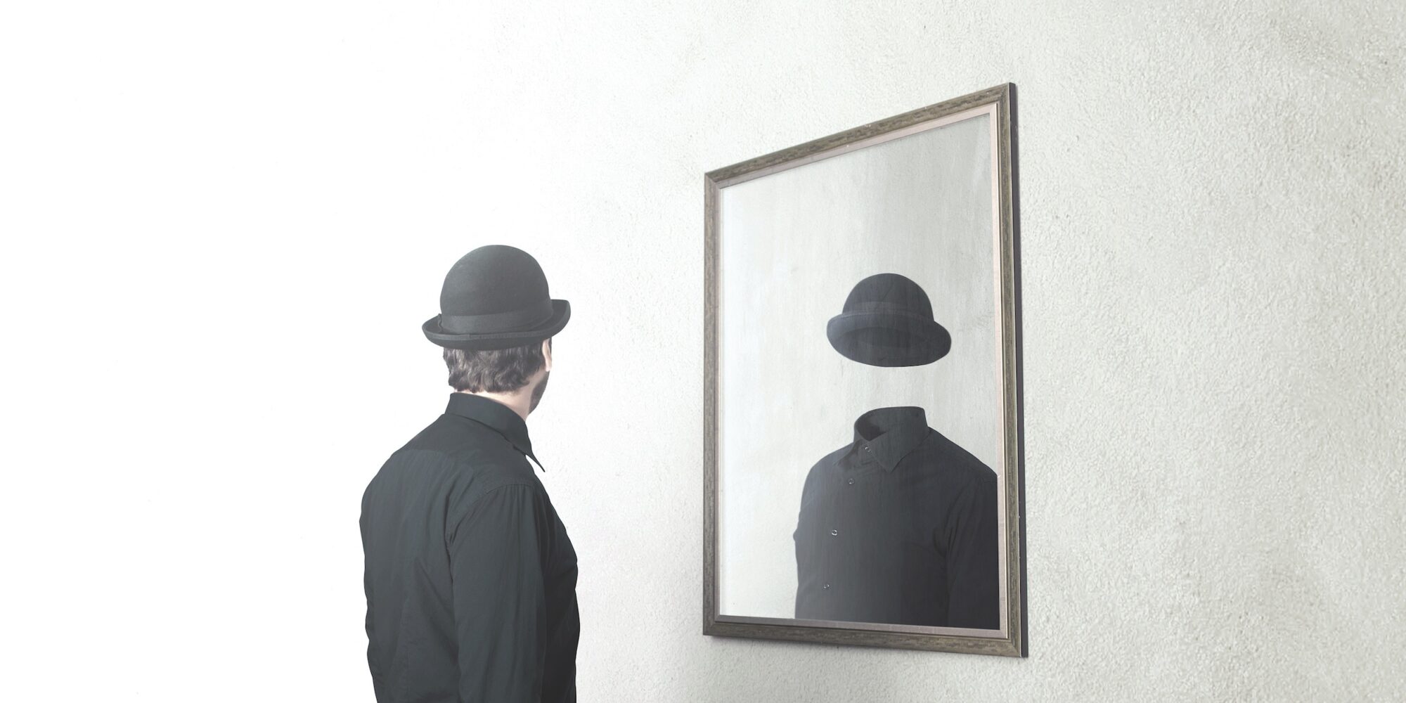 identity absence surreal concept; man in front of mirror reflecting himself without face